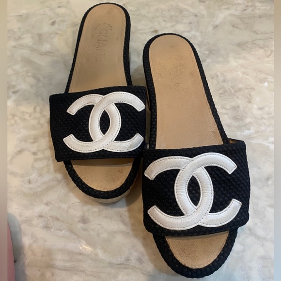 Chanel Black Mesh Neoprene CC Wooden Slide Sandal size 36 - Picture 2 of 4